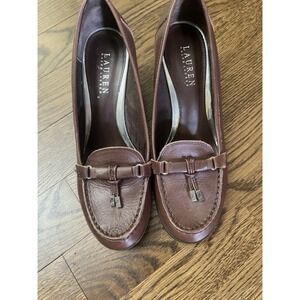 Ralph Lauren RORY Brown Leather Horsebit Tassel‎ WEDGE HEEL Shoes 9.5 B